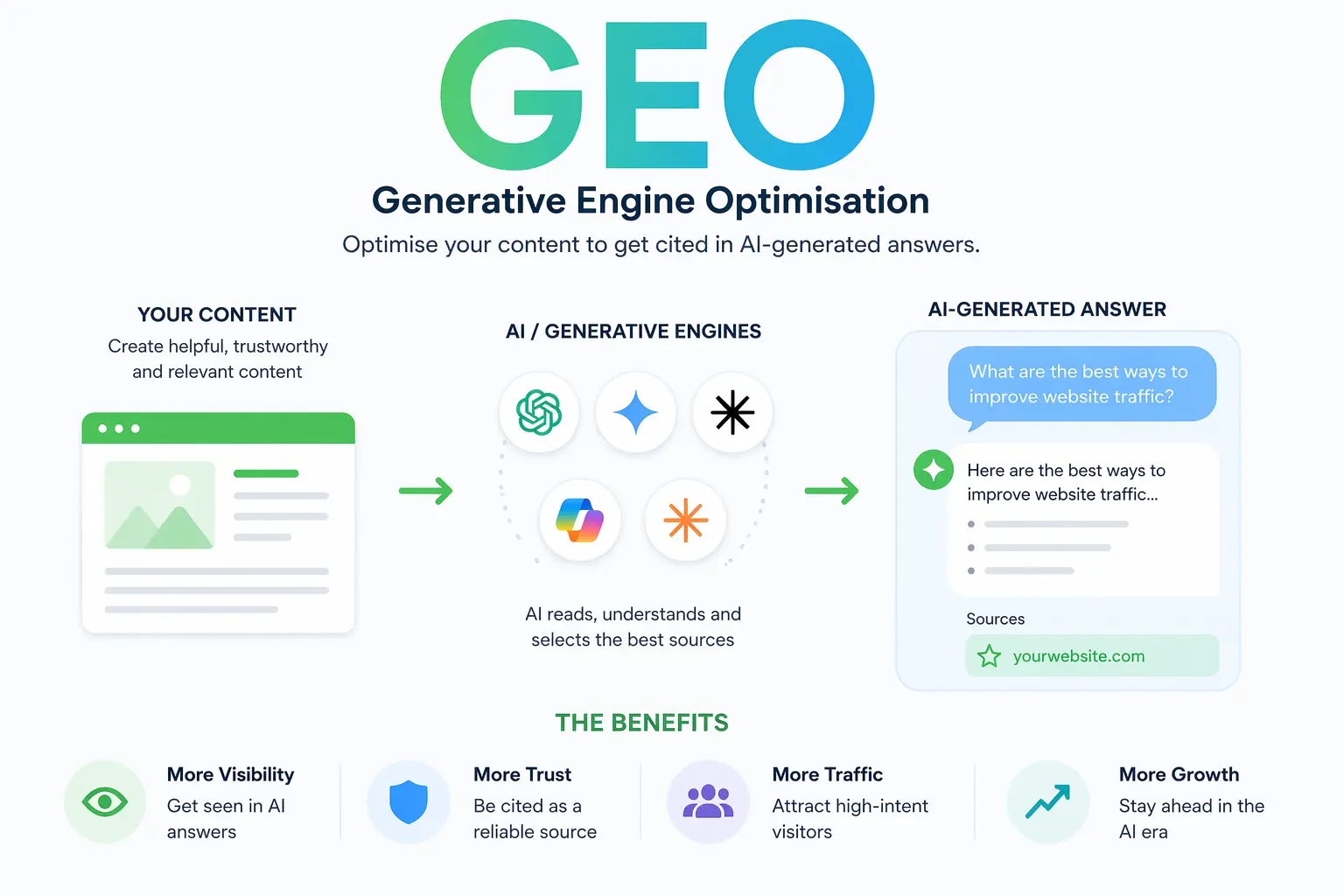 GEO — Generative Engine Optimisation, optimise content to get cited in AI-generated answers