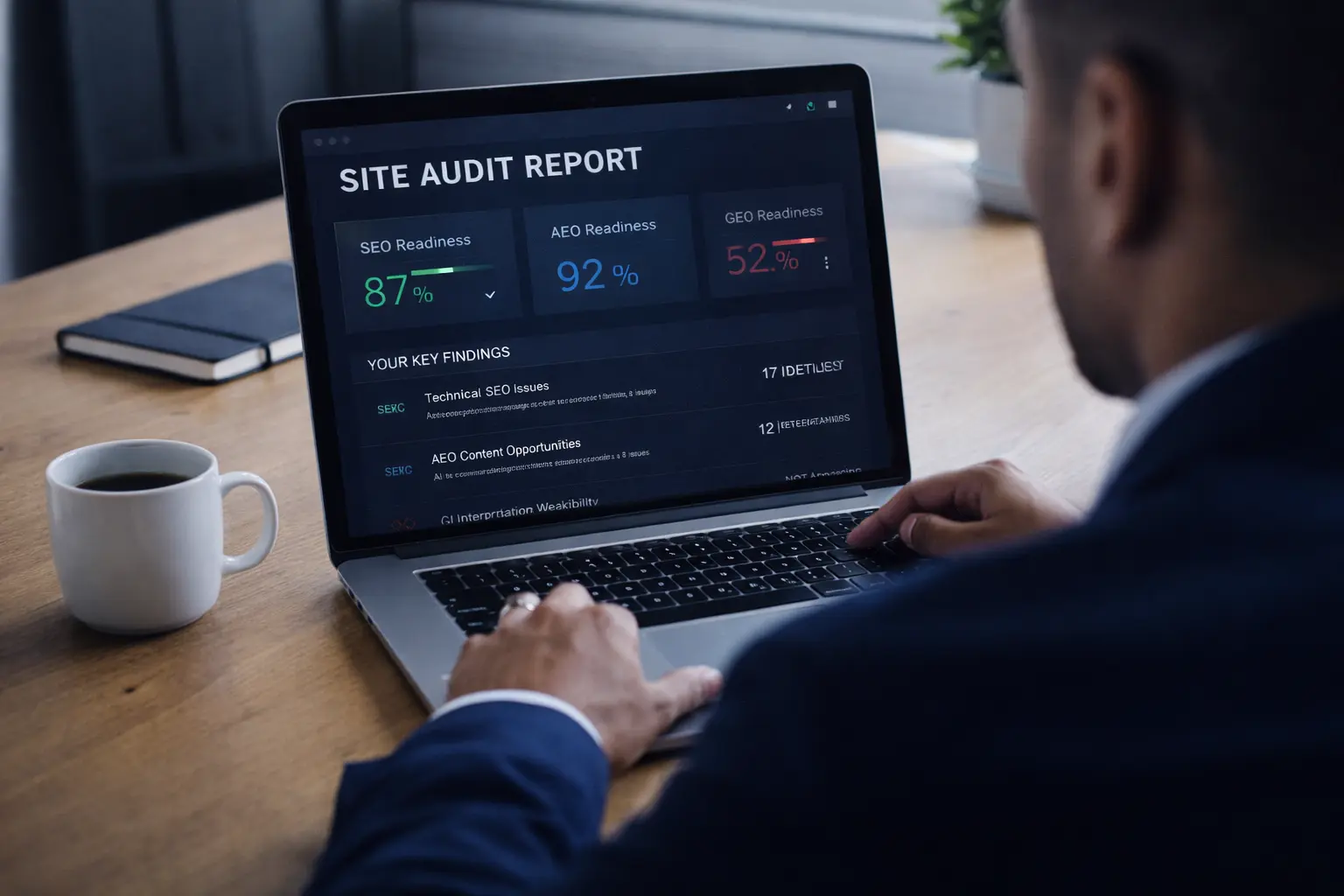Business owner reviewing a free site audit report before engaging an SEO or GEO service provider