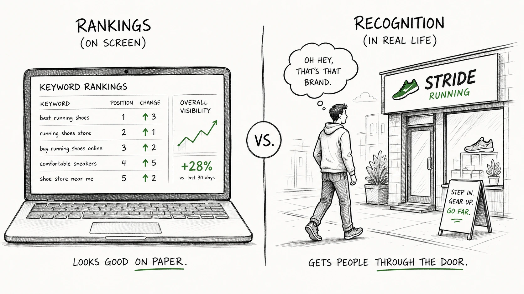 SEO rankings dashboard versus a customer recognizing a brand in real life