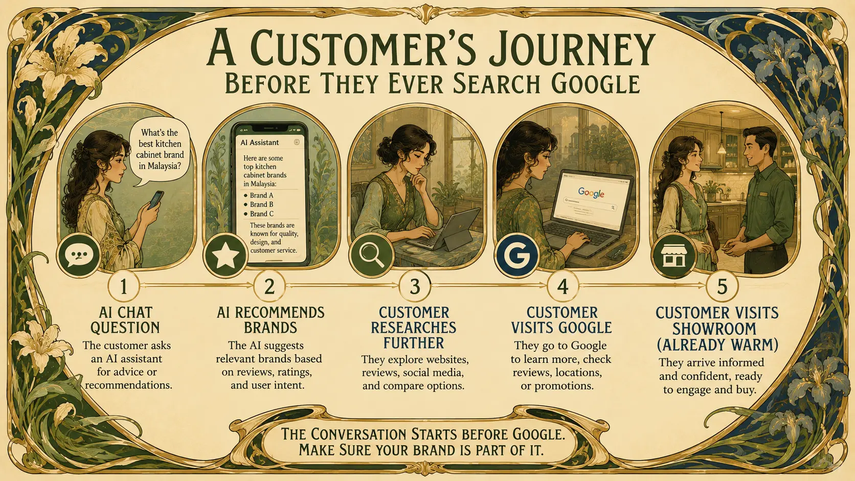 Customer journey timeline from asking an AI chat question to visiting a showroom already informed