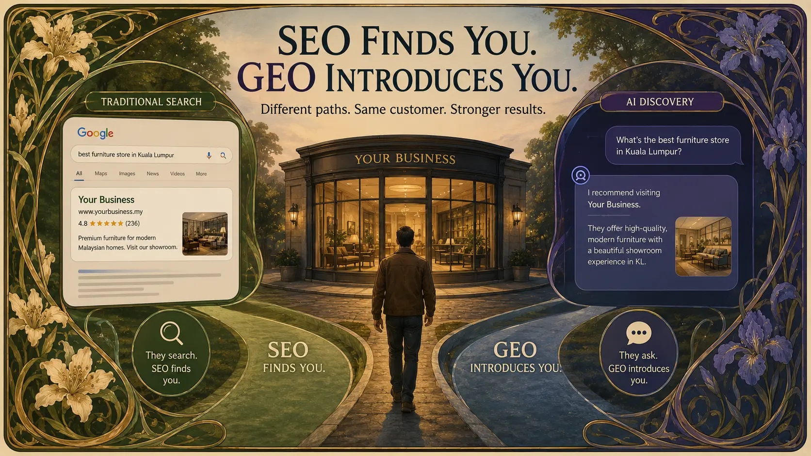 Two paths converging — one from a Google search result, one from an AI chat answer — leading to a customer walking into a showroom