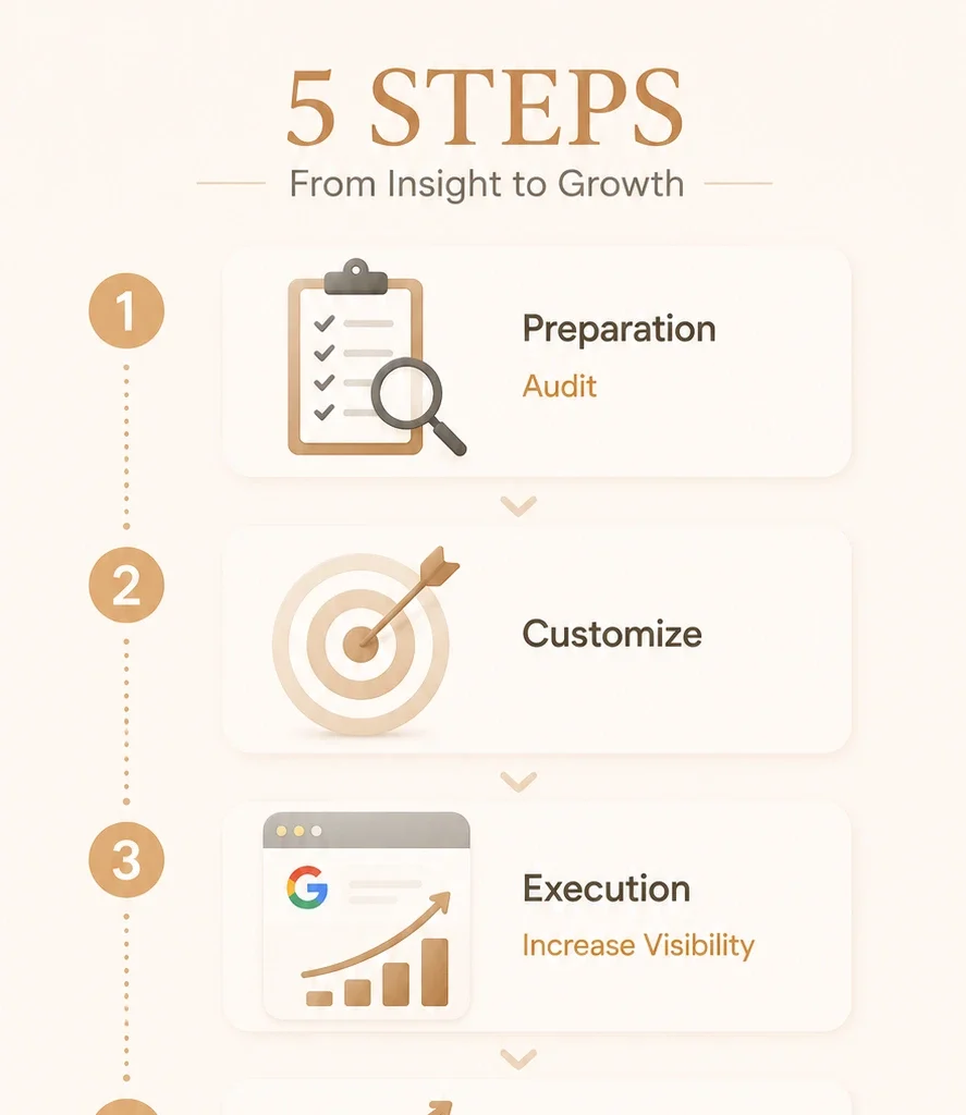 5 Steps from Insight to Growth: audit, customize, increase visibility, increase traffic, increase conversion — leading to real business growth