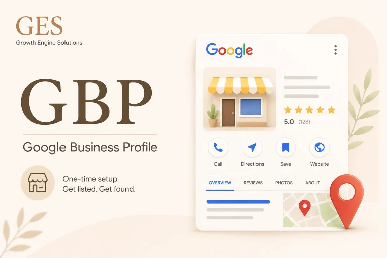 GES Google Business Profile setup — one-time setup to get listed and found on Google, mockup of a Google Business listing with reviews, call, directions, and map
