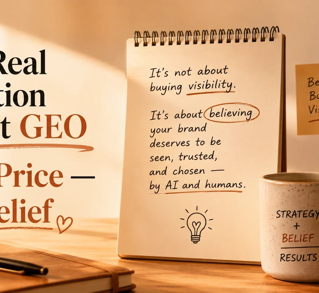 The Real Question About GEO Isn't Price — It's Belief' text alongside a notebook reading 'It's about believing your brand deserves to be seen, trusted, and chosen by AI and humans