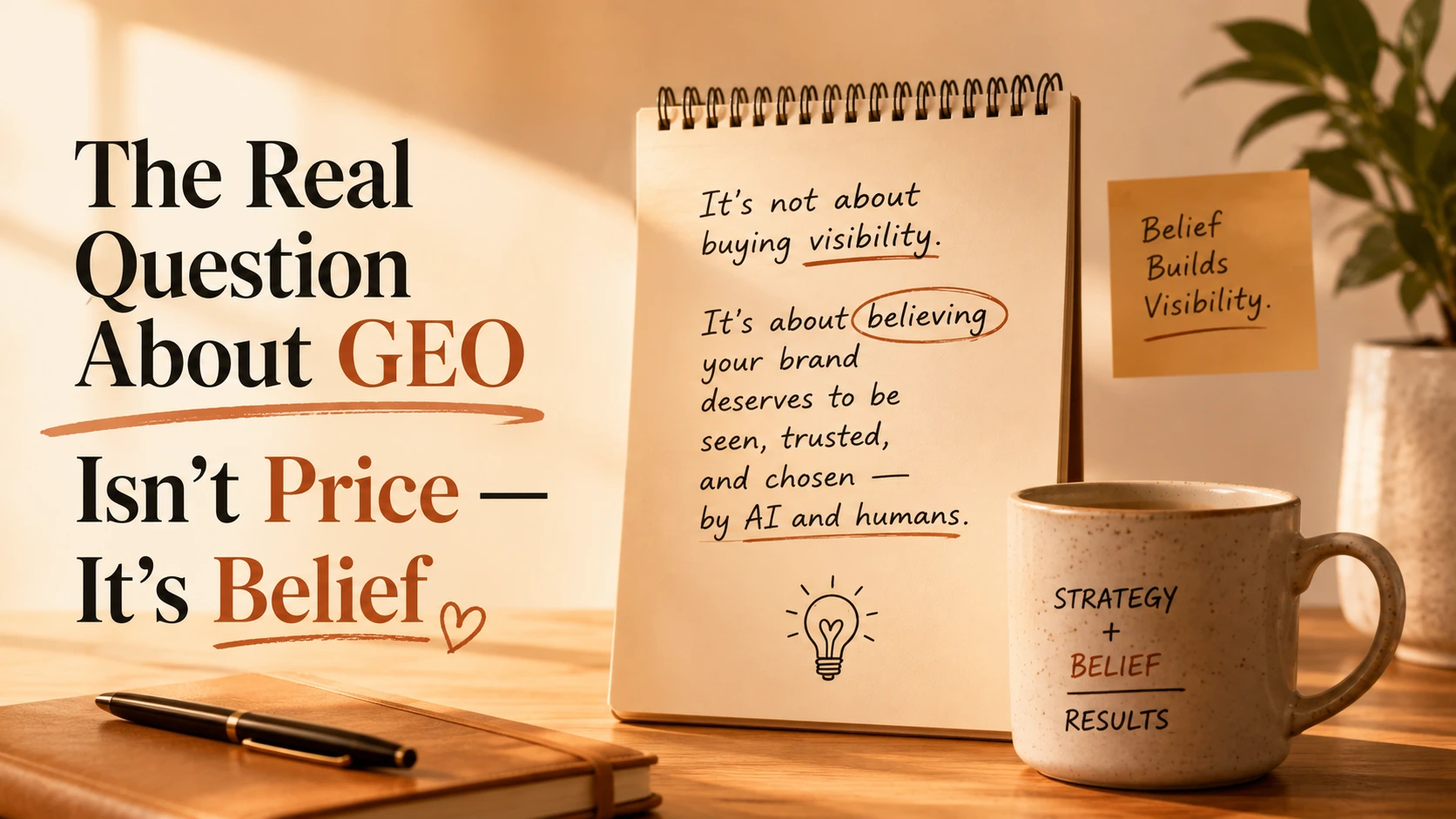 The Real Question About GEO Isn't Price — It's Belief' text alongside a notebook reading 'It's about believing your brand deserves to be seen, trusted, and chosen by AI and humans